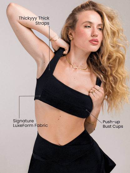 Women's Bandage Push-Up Sports Bra - Black | Square Neckline Compression